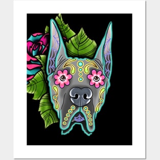 Great Dane - Cropped Ear Edition - Day of the Dead Sugar Skull Dog Posters and Art